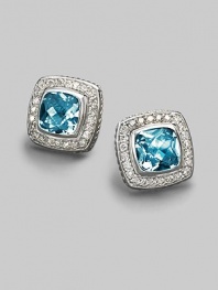 From the Petite Albion Collection. A shimmering center of faceted blue topaz, surrounded by pavé diamonds set in sterling silver. Diamonds, 0.40 tcw Blue topaz Sterling silver About ½ square Post back Made in USA