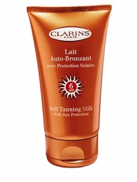 Self Tanning Milk with Sun Protection, SPF 6. Perfect for those who want a healthy golden tan, with or without the sun. The fluid, lightweight, milky formula helps achieve an even, natural-looking tan within approximately two hours of application. Safeguards skin with reinforced SPF 6 sun protection. Moisturizes skin to help prevent dehydration and preserve its youthful beauty. Ideal for face and body. 4.4 oz. Imported from France. 