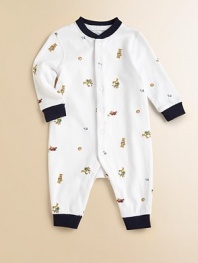 An adorable cotton coverall features an allover print of bears playing rugby for a preppy and sporty look.CrewneckLong sleevesFront snapsConcealed bottom snaps for easy on and offCottonMachine washImported Please note: Number of snaps may vary depending on size ordered. 