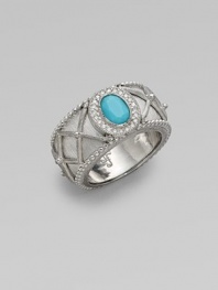 Textured sterling silver features vibrant turquoise richly framed in sparkling diamonds.Diamond, 0.11 tcw Sterling silver Width, about ½ Imported