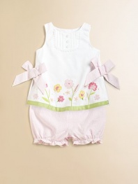 This darling two-piece set in classic seersucker with floral embroidery, contrasting ribbon hem and sweet bows is the perfect warm weather ensemble.CrewneckSleeveless with back buttonsContrasting ribbon hemElastic waistband and leg openingsCottonMachine washImported Please note: Number of buttons vary depending on size ordered. 