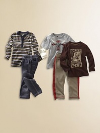 Five easy pieces add up to a whole wardrobe of effortless style for your little guy.One striped, long sleeve henley tee with button placketOne crewneck tee with a graphic bull screen and layered-look long sleevesOne long sleeve, crewneck tee with a Mexican cowboy stamp designOne pair of elastic-waist, denim look knit pantsOne pair of elastic-waist knit pants with contrast sides and stitchingCottonMachine washImported