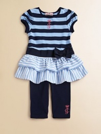 Stripes, ruffles and a sweet bow add flounce and a feminine touch to this must-have set.CrewneckShort cap sleevesPullover styleRuffled, skirted hemElastic waistbandLogo embroidery95% cotton/5% spandexMachine washImportedAdditional InformationKid's Apparel Size Guide 