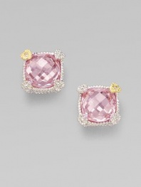 From the Linen Collection. A radiantly faceted pink crystal is cradled in a sterling silver setting, with heart-shaped prongs, one of yellow gold with a diamond accent. Diamonds, 0.008 tcw Pink crystal Sterling silver and 18k yellow gold About ½ square Post back Imported 