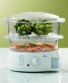 Let off some steam. Cook healthy meals with this high-capacity steamer. Includes large 3.8 qt and smaller 2.3 qt. steaming bowl for culinary versatility. Includes eight egg holders for soft or hard cooked eggs and 10-cup capacity rice bowl. 75-minute timer with auto shutoff for safety. Model 66471.