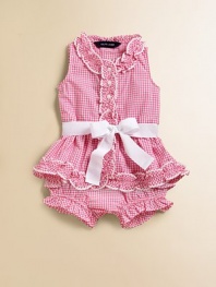 An adorable set is rendered in a soft, preppy gingham and pairs a sweet dress with a matching ruffled bloomer.Stand collar with ruffled trimSleevelessRuffled front button placketRemovable grosgrain beltRuffled hemElastic waistband and leg openings with ruffle trimCottonMachine washImported Please note: Number of buttons may vary depending on size ordered. 