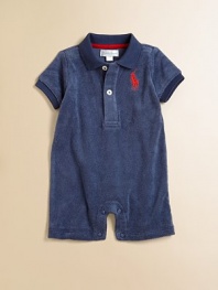 The iconic polo shortall is updated in ultra-soft and plush terrycloth and accented with big pony embroidery.Ribbed polo collarShort sleevesFront button placketBottom snapsCottonMachine washImported Please note: number of snaps may vary depending on size ordered. 