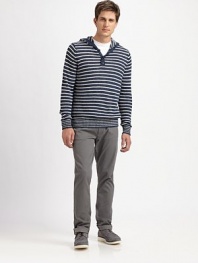 A striped, lightweight linen knit with hood defines this cozy, cool topper.Attached hoodThree-button placketLinenHand washImported