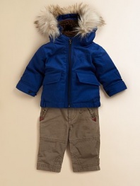 Warmth comes from everywhere - the down fill, the cozy cotton sherpa-like lining in the hood and the fluffy faux fur trim.Attached hood with plush sherpa lining and removable faux fur trimFront zip closeButton cuffsTwo front flap pocketsElasticized bottomNylon liningCotton; down fillDry cleanImported