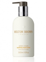 Wrap yourself in amber cocoon, the richly spiced soothing hand lotion from Molton Brown. Infused with amber essence and the warm aromas of Indian gaiac wood, vetiver and Siberian pine essential oils. This is the ultimate caring and hydrating hand lotion. 10 oz.Ingredients: Amber essence Indian gaiac wood Vetiver Siberian pine essential oils