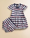 Stripes and flowers adorn this eye-catching, bubble hemmed frock with matching bloomers.ScoopneckShort sleevesBack keyhole buttonBubble hem50% cotton/50% modalMachine washImported Please note: Number of buttons may vary depending on size ordered. 