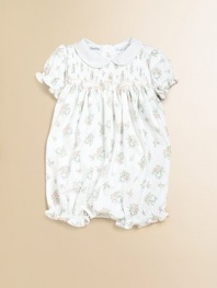 An adorable shortall designed in a comfortable bubble silhouette from soft cotton jersey.Peter Pan collar with lace trimShort sleeves with elasticized, embroidered cuffsSmocked bodiceBack buttonsHidden bottom snapsPima cottonMachine washImported Please note: Number of buttons/snaps may vary depending on size ordered. 