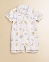 Friendly animals on lightweight cotton will help keep your little guy comfortable as he explores throughout his day. Solid notch collarSnap front closureShort sleevesSnap bottomContrast stitch trim at the cuffs and legsPima cottonMachine washImported