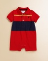 Colorful stripes update the classic polo shortall in breathable cotton mesh.Ribbed polo collarShort sleevesButton frontBottom snaps for easy on and offCottonMachine washImported Please note: Number of buttons/snaps may vary depending on size ordered. 