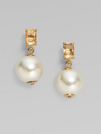 Lustrous faux pearls dangle from glowing clear beads in these classic yet fun drops.Acrylic and epoxy 12k goldplated Drop, about 1 Post back Imported