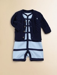 Rendered in a lightweight cotton knit, this adorable shortall features a classic striped pattern and signature pony embroidery on the chest.Ribbed crewneckShort raglan sleevesSnap-front placketBottom snaps for easy on and offEmbroidered pony logoCottonMachine washImported Please note: Number of buttons/snaps may vary depending on size ordered. 