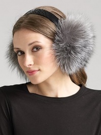 EXCLUSIVELY AT SAKS. Snakeskin embossed leather headband with plush tufts of silver fox fur to keep ears warm. Band, about 1 wide Made in USA Fur origin: Finland