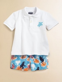 You'll never want to take him out of this pique classic polo style with embroidered turtle logo.Polo collarShort sleevesPartial front button closureSide-vented hem85% cotton/15% polyamideMachine washImported