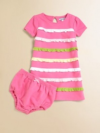 Sweet and simple, with the comfort of an elongated tee, in soft, stretch French terry knit with rows of colorful ruffles on the front.Round necklineShort puffed sleevesKeyhole button back closeFront pastel rufflesMatching bloomers with elastic waist and leg openings95% cotton/5% spandexMachine washImported