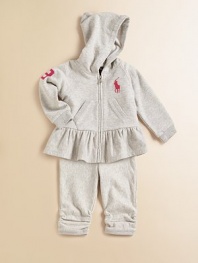 An iconic big pony embellishment is front and center along this adorable matching fleece hoodie and sweatpants set. Hoodie Attached hoodLong sleeves with ribbed cuffsZip-front closureKangaroo pocketRuffle hem Sweatpants Elastic waistband with bow tie detailSide ruching along ankles55% cotton/40% polyester/5% elastaneTrim: cottonMachine washImported