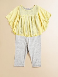 A pretty, ruffled trim adorns a beautiful flutter sleeve knit, fluttering over soft and cozy leggings.CrewneckShort flutter sleevesPullover styleFront yokeElastic waistband55% rayon/45% polyesterHand washMade in USAAdditional InformationKid's Apparel Size Guide 
