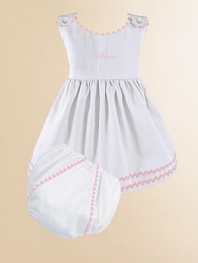 An adorable look for a picnic or a portrait in lightweight cotton piqué with pretty rick rack trim and a matching diaper cover. Covered button shoulder closures High waist Cotton; machine wash Made in USA Please note: Diaper cover cannot be personalized.FOR PERSONALIZATION Select a quantity, then scroll down and click on PERSONALIZE & ADD TO BAG to choose and preview your personalization options. Please allow 2 to 3 weeks for delivery.