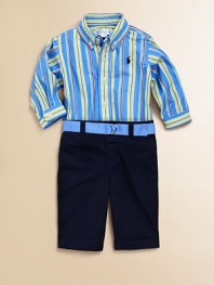 An adorably preppy set includes a multi-striped poplin roll-tab shirt