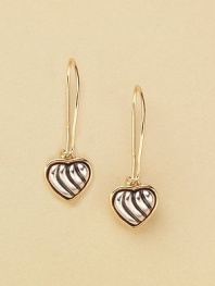 Pretty heart drop earrings dangle from sterling silver with 18kt gold accents. Imported