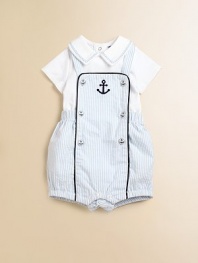 Set sail for this charming two-piece set with nautical embroidery and colorful stripes. Overall SquareneckSleevelessShoulder buttonsElastic waistbandBottom snaps for easy on and off Bodysuit Embroidered, pointed collarShort sleevesBack snapsBottom snapsCottonMachine washImported Please note: Numbers of buttons and snaps may vary depending on size ordered. 