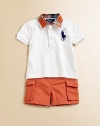 This preppy set pairs a cotton polo shirt with big pony embroidery and an adorably rugged cotton cargo short. Shirt Plaid shirt collarShort sleevesFront button placketEven-vented jersey tape hem Shorts Button closureBack elasticized waistband with belt loopsFaux flySide snap-flap cargo pocketsCottonMachine washImported Please note: Number of buttons may vary depending on size ordered. 