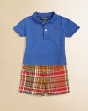 This preppy set combines a cotton polo knit with a traditional madras short and matching belt for a perfectly cute ensemble.Shirt collarShort sleevesFront buttonEven vented hemButton closureWaistband with belt loopsZip flyAngled hand pocketsButtoned back welt pocketCottonMachine washImported Please note: Number of buttons may vary depending on size ordered. 