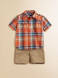 This exploration-driven set combines a plaid flannel camp shirt and classic herringbone shorts with repaired patchwork for an adorably rugged look. Shirt Straight point collarShort sleeves with sewn cuffsFront button placketButton-flap patch pocketsShirttail hem Shorts Button closureRear elasticized waistband with belt loops and D-ring closure beltZip flyAngled hand pocketsBack welt pocketSlightly frayed hemCottonMachine