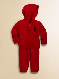 This cozy set pairs a full-zip Big Pony fleece hoodie and a comfy sweatpant to create a sporty, casual ensemble with an iconic feel. Hoodie Attached hoodLong sleevesFull-zip frontSplit kangaroo pocket Pants Elastic waistband with bow tieElastic cuffs87% cotton/13% polyesterMachine washImported