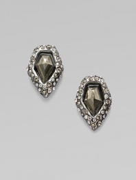 Faceted tapered chunks of silvery pyrite are elegantly edged in a gunmetal setting sprinkled with Swarovski crystals.Pyrite and crystalRuthenium platedLength, about ¾Post backMade in USA