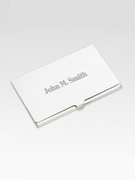 Elegant, polished sterling silver case holds several business cards that allow you to put your best foot forward while in the office or out of it. About 2¼W X 3¾H Made in SpainFOR PERSONALIZATIONSelect a quantity, then scroll down and click on PERSONALIZE & ADD TO BAG to choose and preview your personalization options. Please allow 2 weeks for delivery.
