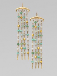 A four-strand fringe design dangles tiny beads of multi-hued Peruvian opal and 18k gold from a polished 14k gold bar.Peruvian opal 14k and 18k yellow gold Length, about 3 Ear wire Imported