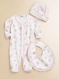Three-piece gift set features an allover printed snap closure footie, matching hat and ruffled bib for a cozy look. Front snap closureLong sleevesSnap bottomRuffle trimPima CottonMachine washImported