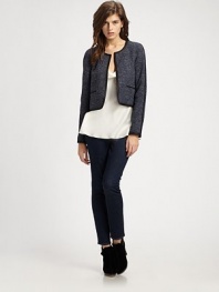 In a slightly shrunken proportion with trendy contrast trim, this cropped jacket is a fashion-forward go-to for the season.ScoopneckOpen-front styleDecorative front pocketsContrast trimAbout 12 from shoulder to hem80% cotton/10% nylon/7% viscose/3% elastaneDry cleanImported of Italian fabric