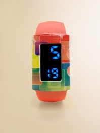 This delightful concept offers a smart, solid color digital watch paired with a splashy bezel cover that snaps on to change the look in an instant.Interchangeable geometric design coverBold pushbutton LED display with time, date and minutesLightweightWater-resistantSilicone strapPlastic case and coverSmall size: Children under 12Medium size: Children 12 and upImported