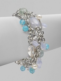 From the Bijoux Collection. A tangle of textural sterling silver chains are richly punctuated by blue and aqua chalcedony and pearl.Blue and aqua chalcedony and pearl Sterling silver Length, about 7 Toggle closure Imported