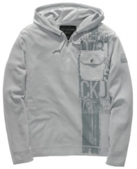 Sport meets street. This casual Calvin Klein hoodie brings a laid-back vibe to your casual wear.