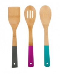 Style has been served. A beautiful set handcrafted from 100% organically grown bamboo stands out in prep and gets the job done. An artful addition to any kitchen collection, each utensil features a fun colored handle that comfortably fits in your hand.