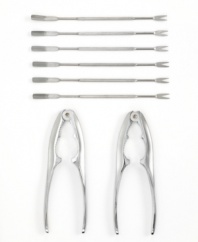 Enjoy your next seafood feast with this stainless steel seafood tool set from Amco. Perfect for lobster or crab legs, the set includes two seafood crackers that quickly break the hard outer shell without the mess of hammers, and six long seafood forks to easily retrieve the delicious meat inside.