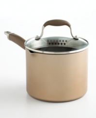 Outfitted with an innovative straining lid, Anolon's bronze-hued, hard-anodized saucepan is designed for hassle-free performance and beautiful stovetop presence. Along with an exclusive nonstick coating, it creates the perfect environment for great cooking and easy cleaning. Limited lifetime warranty.