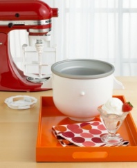 To maximize use of your ice cream maker, snap in KitchenAid's 2-quart attachment freezer bowl, the largest in the industry. Provides complete, even freezing of ice cream batter. Includes drive assembly; rotating dasher to spread, scrape and mix; adapter ring to fit mixers; instruction guide and recipes. Easy to use and clean. Ideal for all sorts of frozen desserts. Manufacturer's replacement warranty.