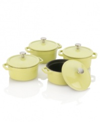 Designed by Michelle Bernstein, one of our pro chefs from The Culinary Council, this cast iron professional set combines unbeatable enamel style with incredible performance. Four nonstick mini dutch ovens are perfect for prepping individual servings of soup, chili, dessert and beyond. 1-year warranty.