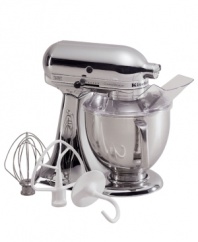Stylish and utilitarian to boot, the KitchenAid® Custom Metallic Artisan series boasts three high-quality metal finishes, including chrome, brushed nickel and satin copper. This appliance features a styled tilting head and an ergonomically designed handle on the mixing bowl. The powerful 325 watt motor and a larger, 5-quart capacity stainless steel bowl easily handles all your mixing needs. Includes pouring shield, flat beater, 'c' dough hook and wire whip. Carries KitchenAid's hassle-free total replacement warranty as well as a 1-year full warranty. Model KSM152P.