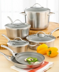 Adding new style to nonstick cooking, this cookware features brilliant satin stainless steel exteriors complemented - for the first time ever - by unique, light-colored nonstick interiors. Thick, virtually pure aluminum cores support perfect performance for fast-paced, health-conscious cooking. Lifetime warranty.