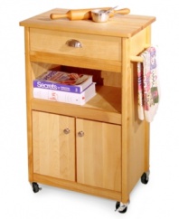 Add essential workspace and storage to your kitchen with this all-wood kitchen cart crafted by Catskill. Featuring an assortment of storage options -- cabinet, shelf or drawer -- and a spacious butcher block top, you'll instantly make your kitchen a more prep-friendly place. One-year warranty.