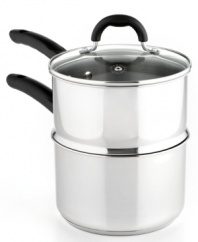 Take the professional approach. Simplify your space with stainless steel, the chef's best for an attractive, durable and easy-to-clean kitchen addition. This double boiler features an impact-bonded base for quick and even heating, comfort handles that are oven-safe to 350ºF and a vented glass lid for easy monitoring. Limited lifetime warranty.
